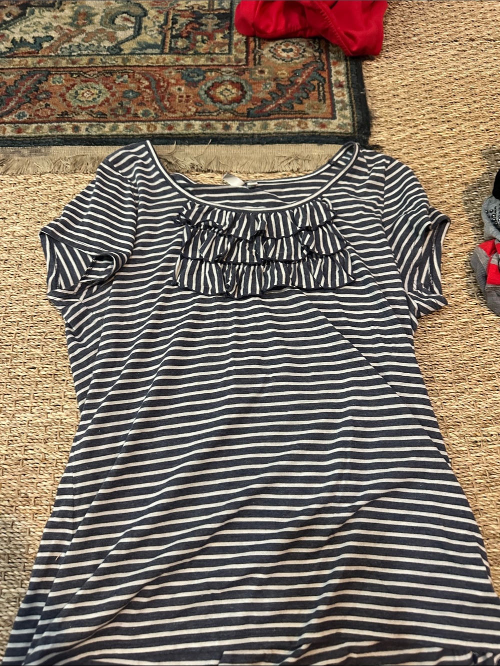 Madison Navy and White Striped Ruffle Front Tee